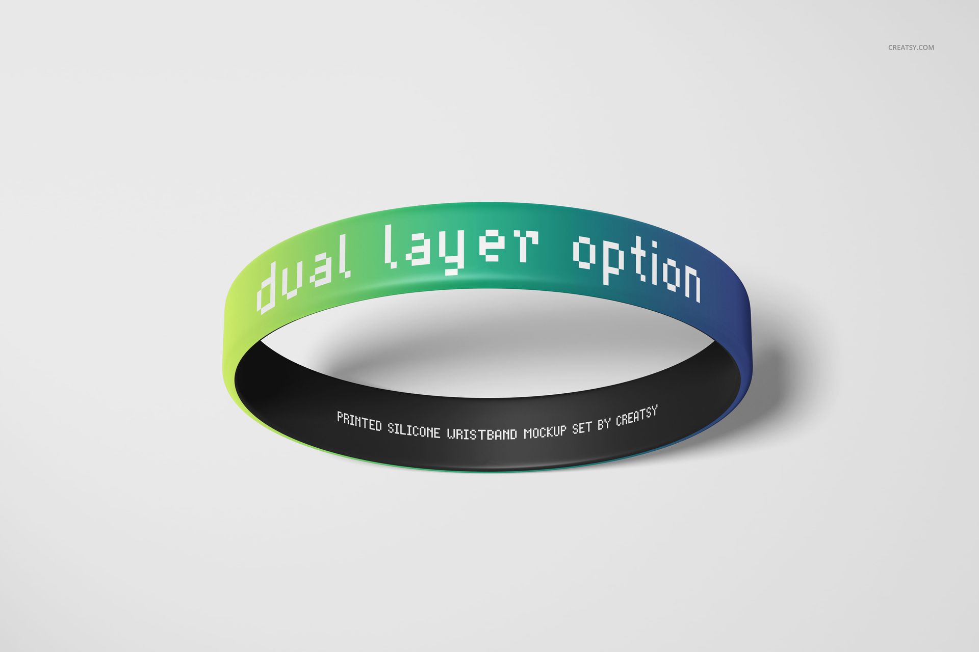 Silicone wristband mockup with a gradient design in green and blue, shown from a front angle on a white background.