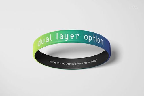 Silicone wristband mockup with a gradient design in green and blue, shown from a front angle on a white background.