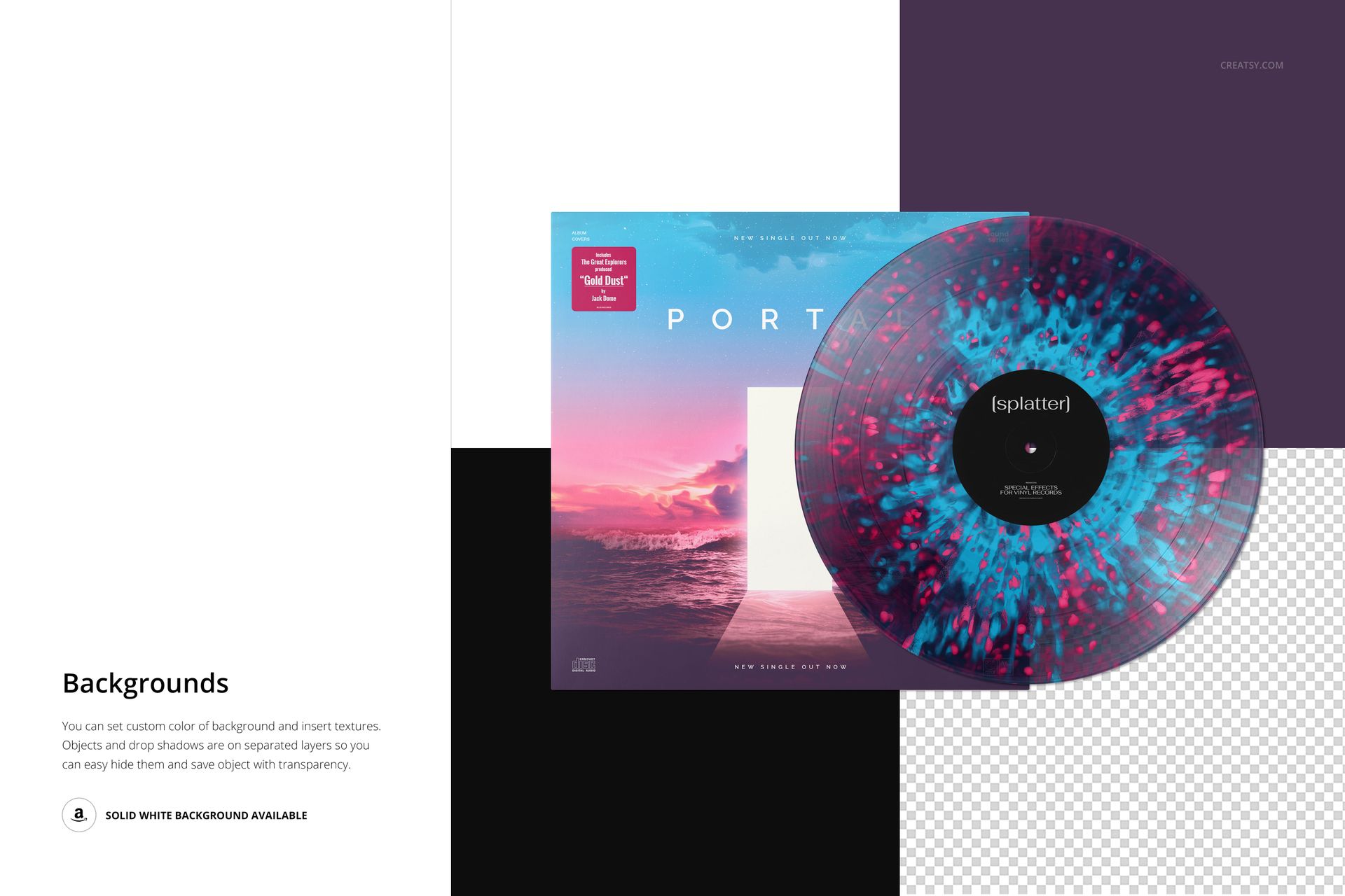 PSD mockup of a splatter effect vinyl record and cover, with the record partially overlapping a scenic sunset artwork.