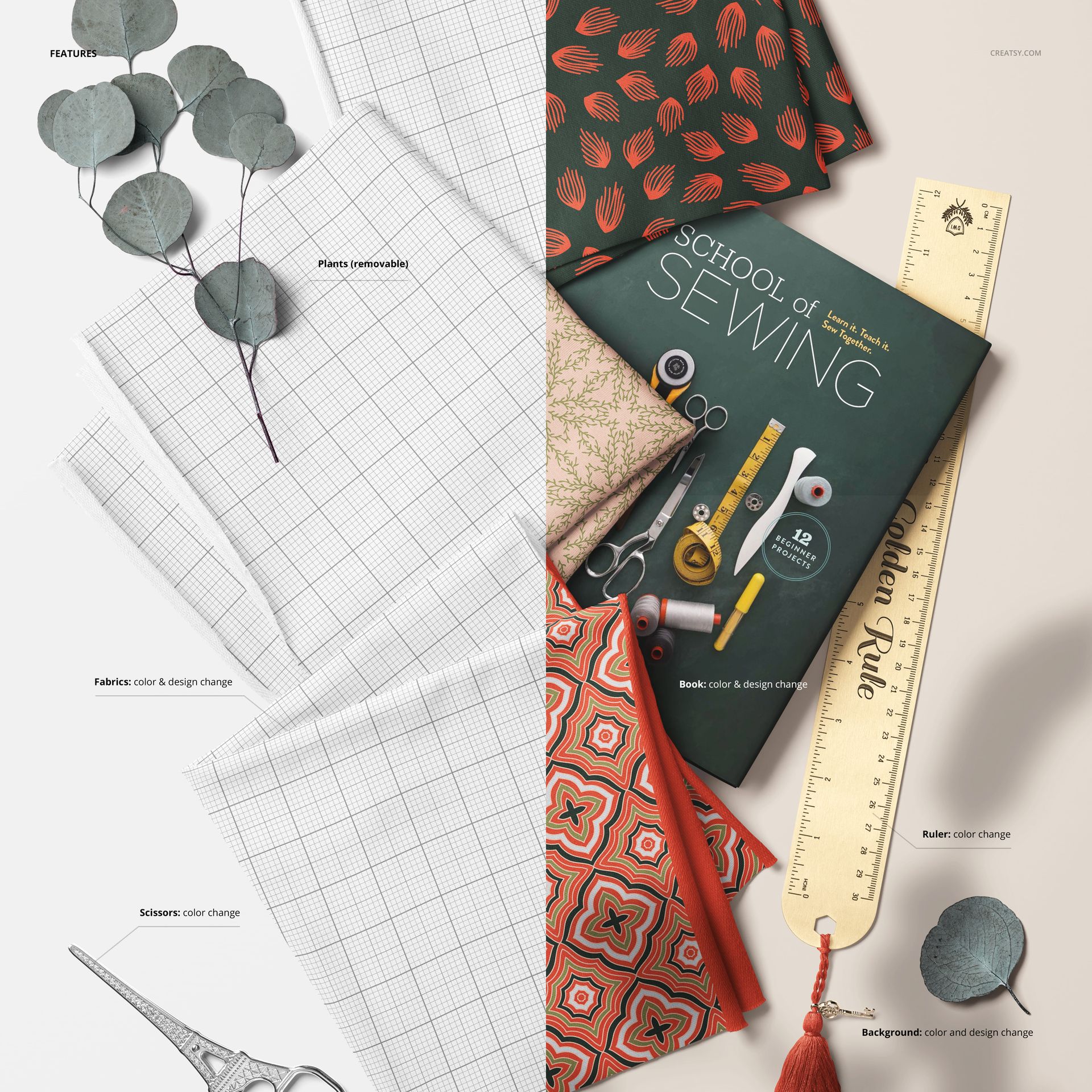 PSD mockup featuring three folded jersey fabrics, a School of Sewing book, ruler, scissors, and eucalyptus leaves, all arranged neatly.