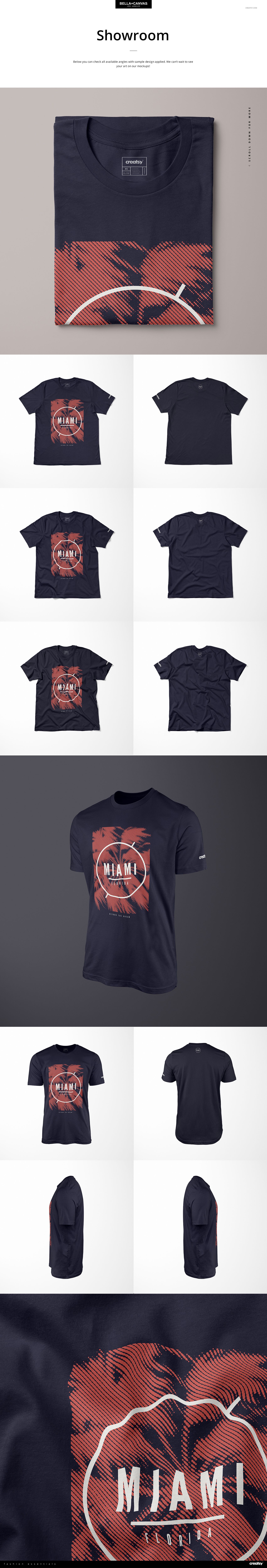 Unisex short sleeve tee mockup featuring a front view of a dark shirt with a bold red graphic design in various settings.