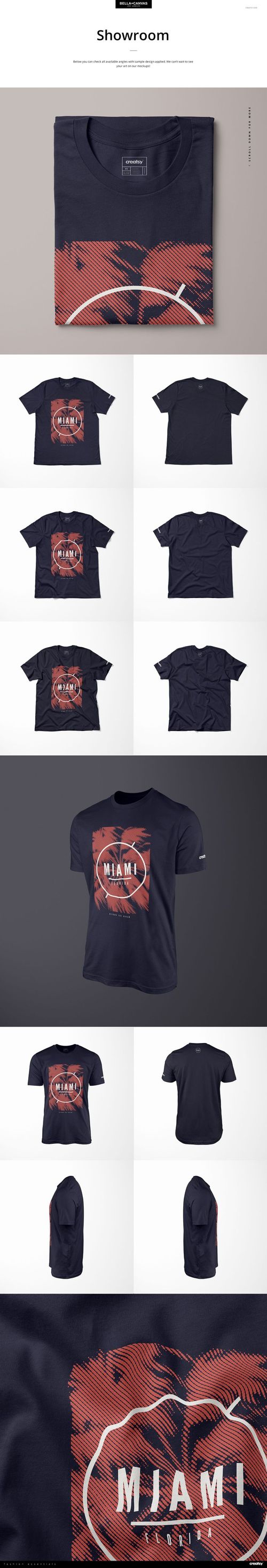 Unisex short sleeve tee mockup featuring a front view of a dark shirt with a bold red graphic design in various settings.