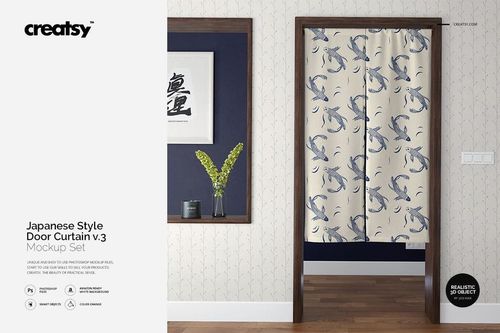 PSD mockup of a door curtain featuring a cream background and blue koi fish design, displayed in a contemporary interior.