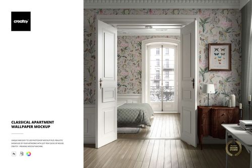Classical apartment PSD mockup showing a room with light wood floors, floral wallpaper, and an open doorway to a sunlit area.