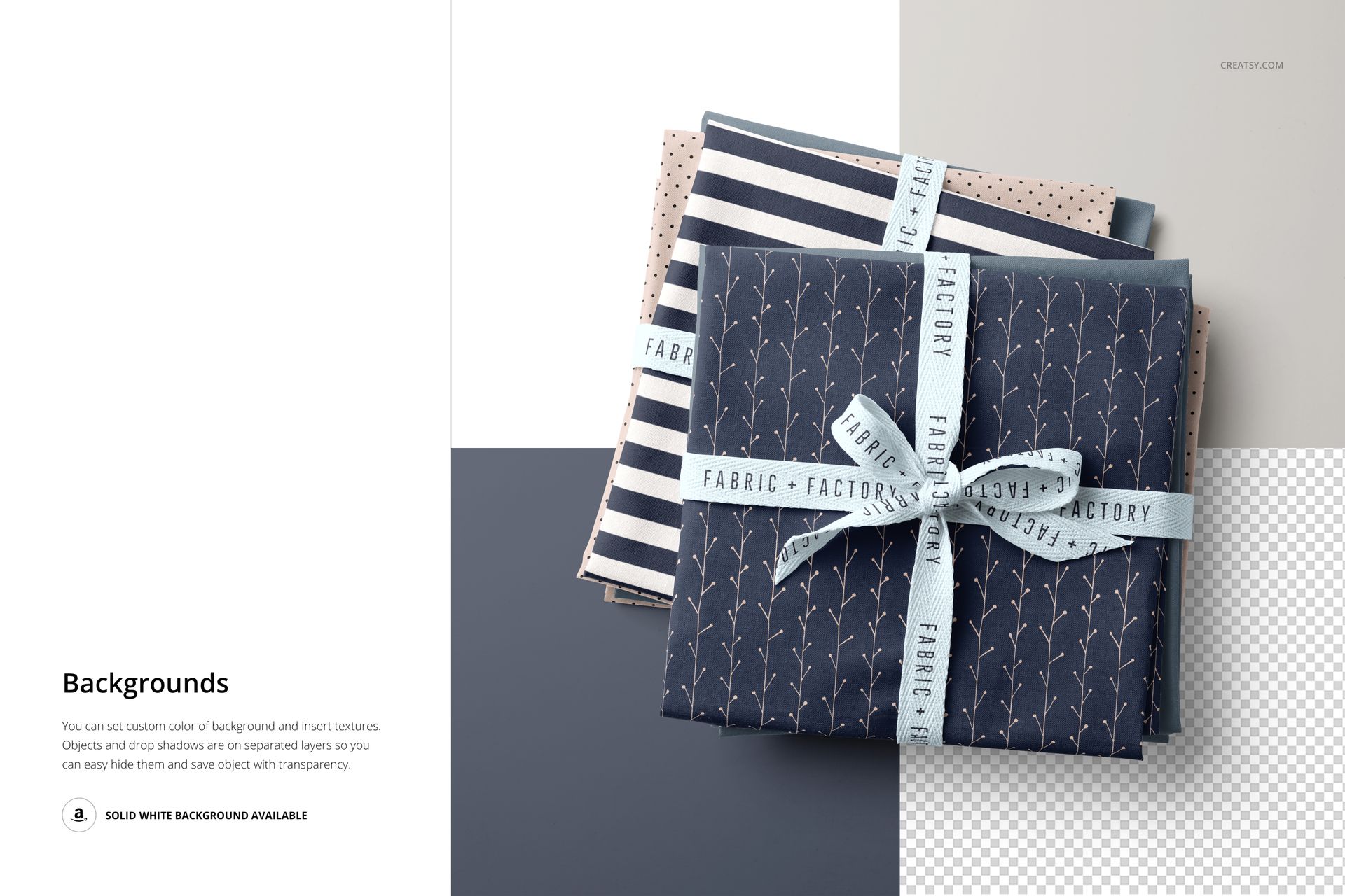 Fabric stack mockup showing various textile patterns, including polka dots and leaves, arranged neatly with a ribbon on a PSD mockup.