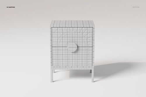 Front view of a 3D modeled art deco nightstand with visible wireframe mesh, set against a plain light background.
