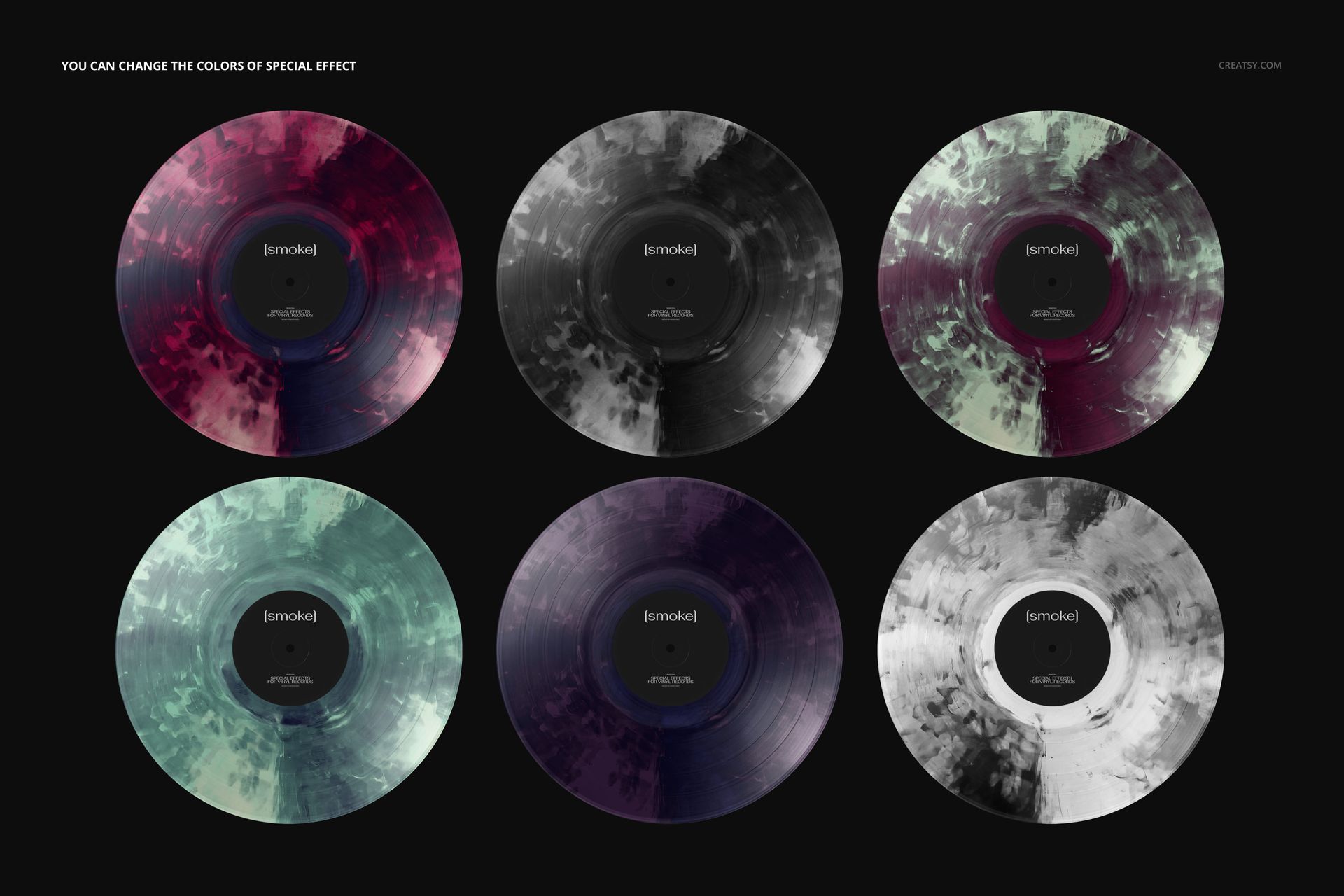 PSD mockup showing six vinyl records with transparent and smoky colored patterns, viewed from above on a dark surface.