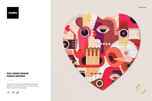 PSD mockup of a heart-shaped puzzle with vibrant abstract illustrations and faces, displayed from above.