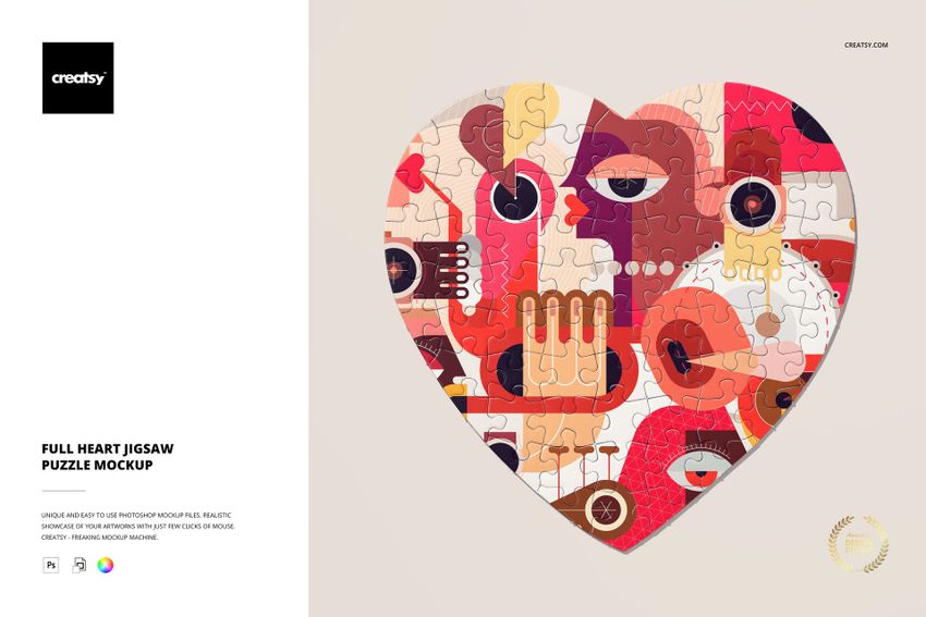 PSD mockup of a heart-shaped puzzle with vibrant abstract illustrations and faces, displayed from above.
