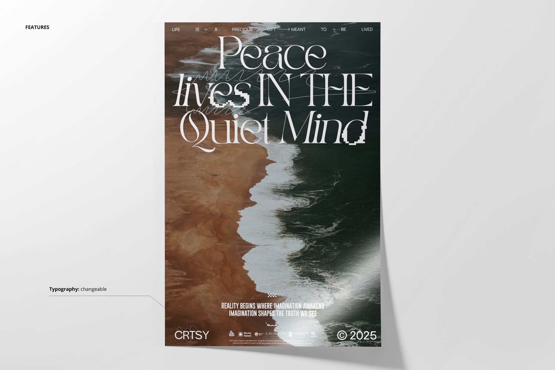 Front view of a rectangular poster mockup featuring a coastal scene and large white text on a clean background.