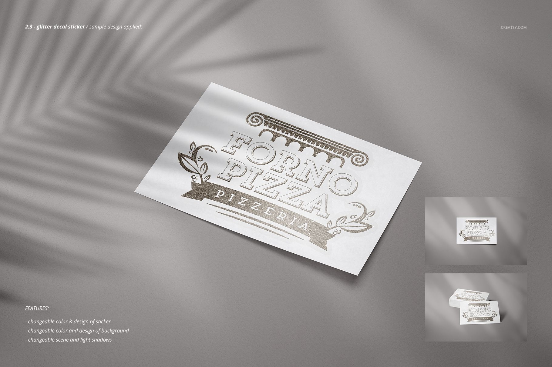 Rectangular decal sticker mockup featuring a glitter pizza design on white paper, shown on a gray surface with soft shadows.