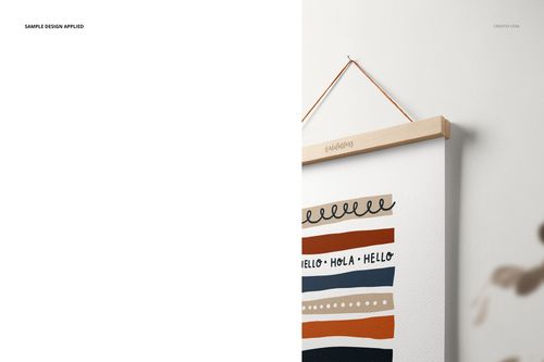 Wooden poster hanger mockup showing an A3 print with colorful horizontal stripes and hand-drawn text.
