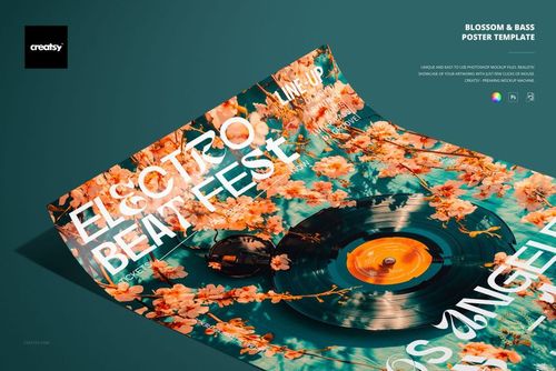 Curved poster mockup with a floral design and vinyl record, showing event details in bold white letters on teal.