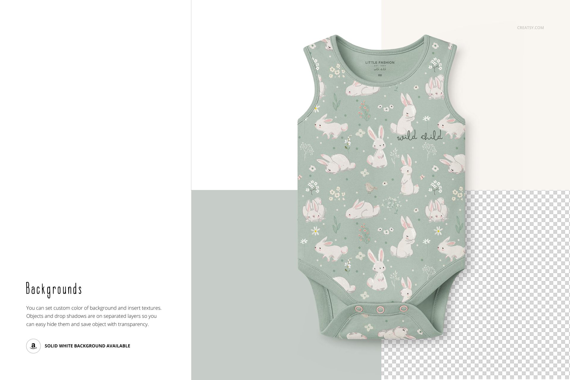 Sleeveless baby bodysuit mockup shown from a top view, featuring a pastel green color with white bunny illustrations.