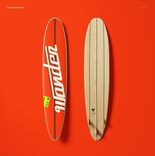 Surfboard longboard mockup showing a pair of boards, one featuring natural wood texture and one with red graphics, top view.