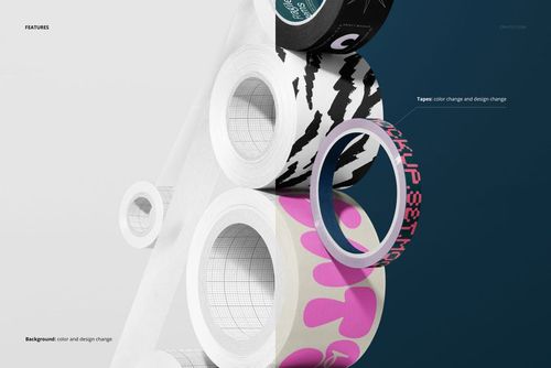 PSD mockup featuring multiple packaging tape rolls in assorted prints, displayed vertically with a contrasting background.