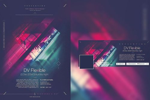 PSD mockup showing four night party posters with luminous geometric elements, dark background, and editable text areas.