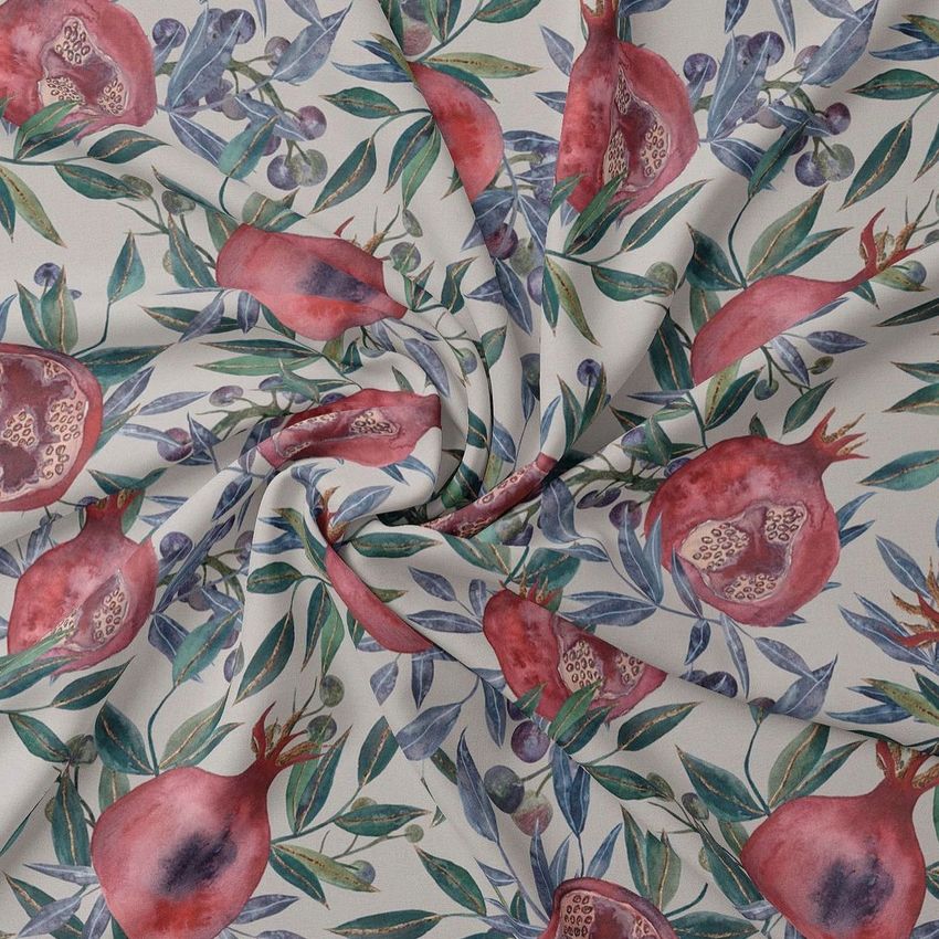 Lightweight cashmere scarf mockup featuring a swirling arrangement of fabric with a pomegranate and leafy pattern on a light background.