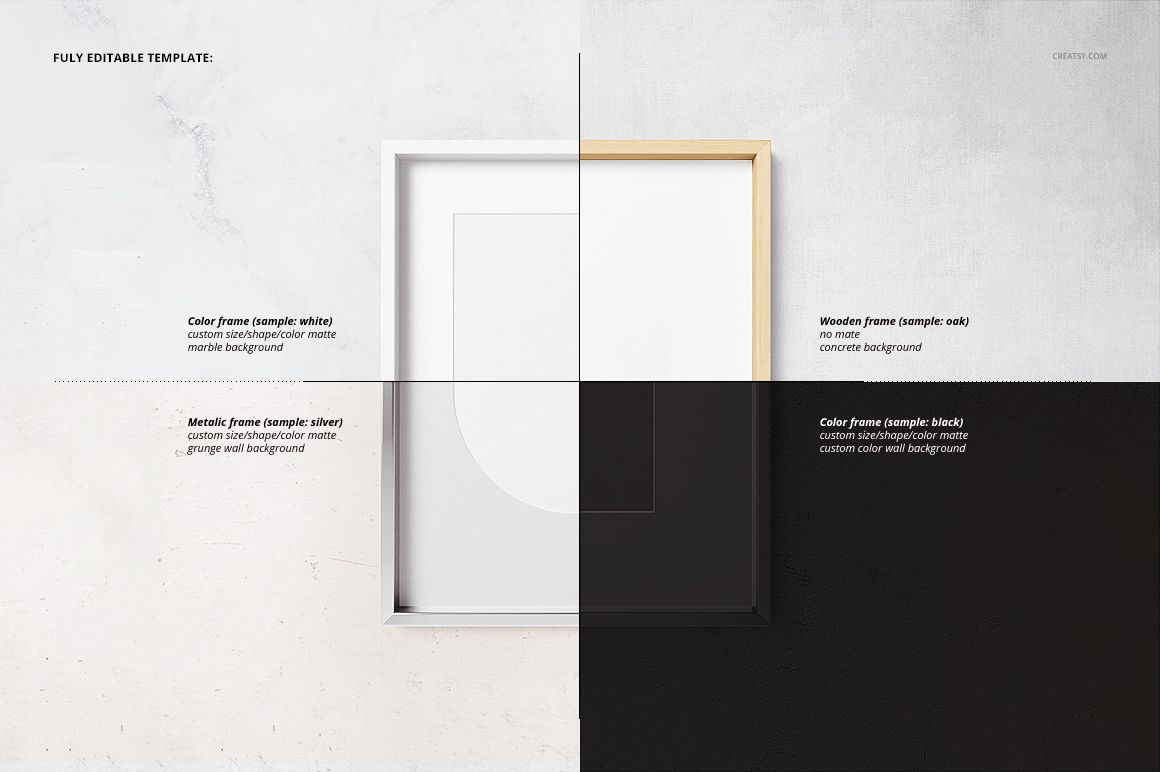 Square deep frame mockup with four quadrants showing different frame styles and backgrounds from a top view.