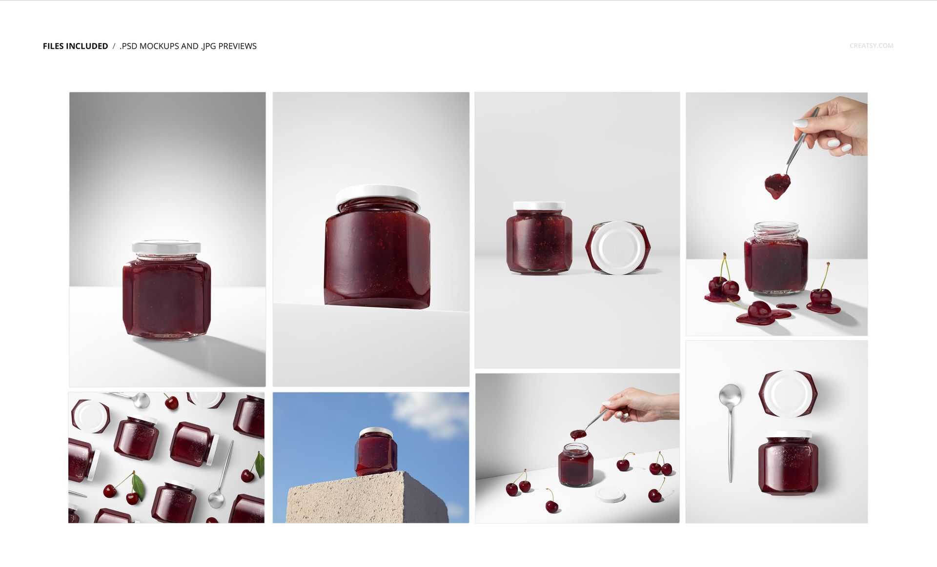 Cherry jam jar mockup set featuring glass jars filled with red jam, shown from various angles and perspectives.