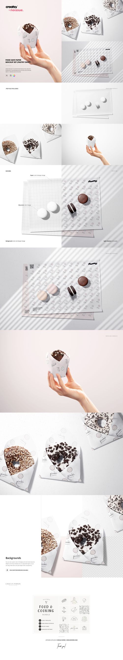 Food safe paper packaging mockup bundle featuring white paper wraps and containers with cookies and pastries, shown from various angles.