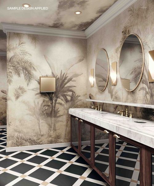 Commercial bathroom mockup featuring a double sink vanity, round mirrors, and tropical palm-patterned walls.