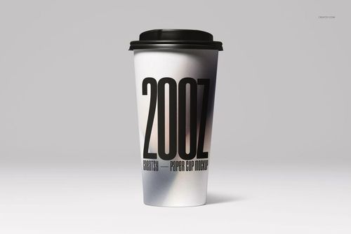 Single paper cup mockup shown upright with a black lid and large vertical text, set against a plain light background.