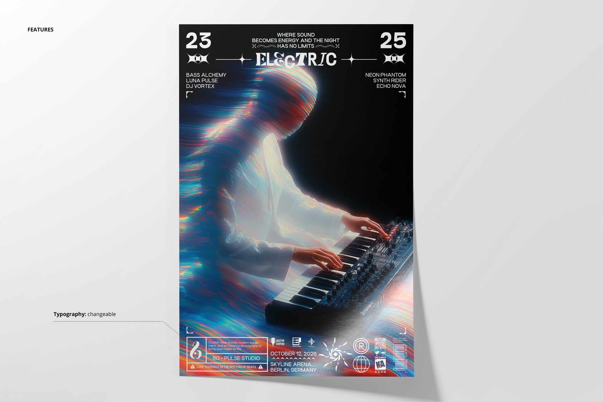 Electric Devotion poster mockup showing a vibrant, illuminated silhouette at a synthesizer with dynamic color effects.