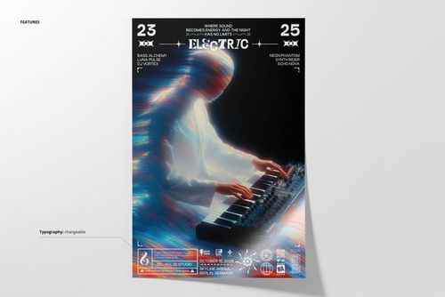 Electric Devotion poster mockup showing a vibrant, illuminated silhouette at a synthesizer with dynamic color effects.