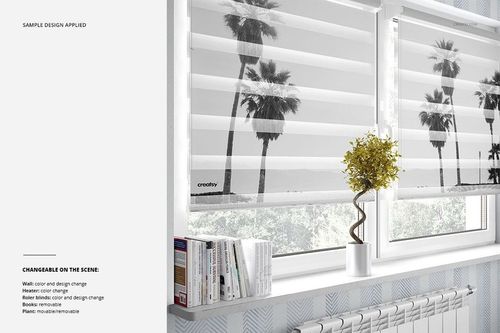Roller blind mockup featuring a monochrome palm tree design, shown in a bright room with books and a small plant on the sill.