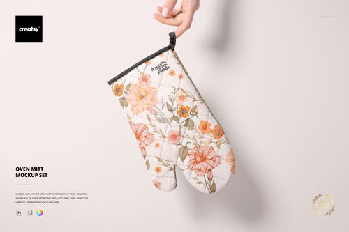 Oven mitt mockup featuring a quilted design with orange and beige flowers, shown from the front on a neutral surface.