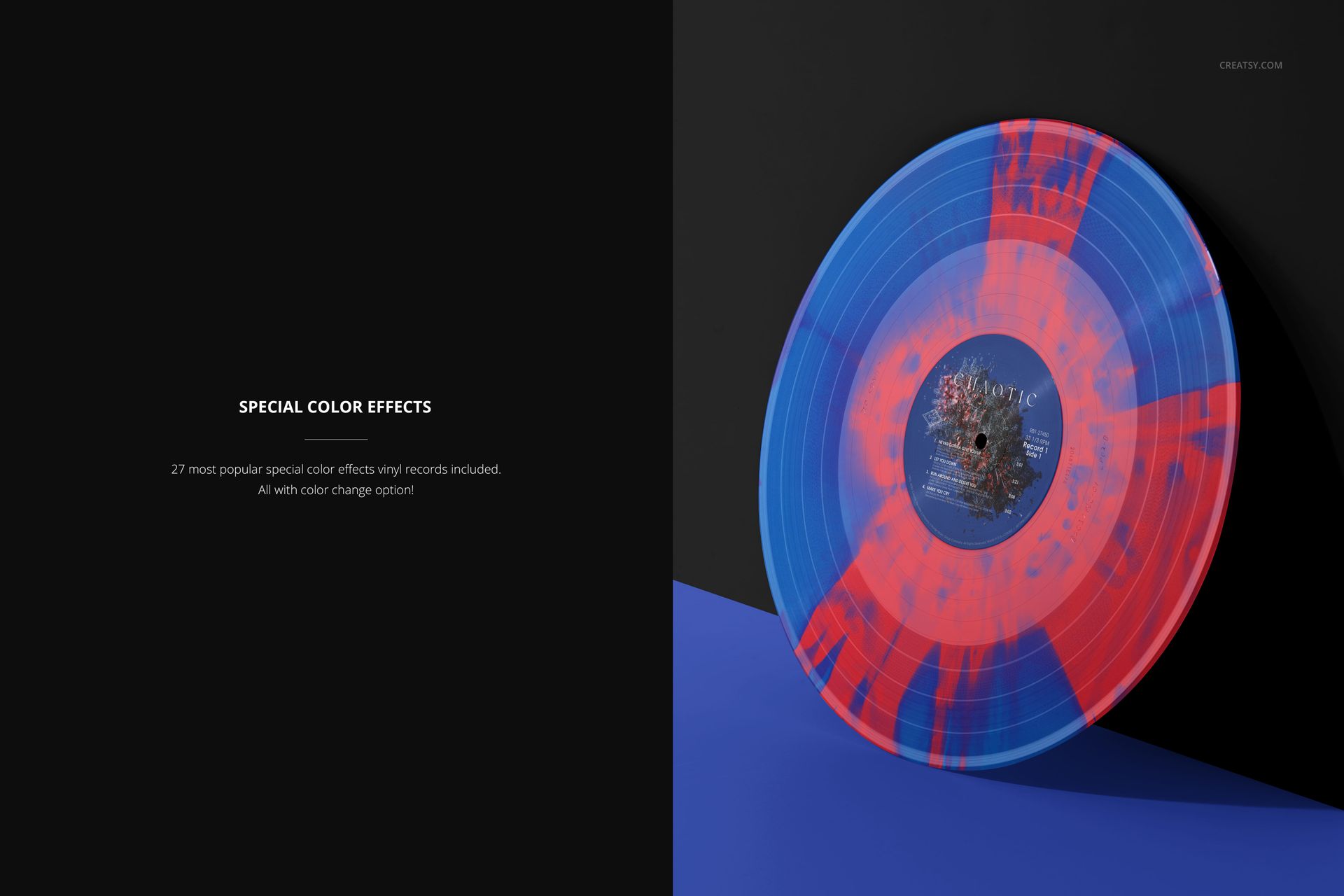Front view of a blue and red splatter vinyl record mockup positioned upright against a wall on a blue floor.
