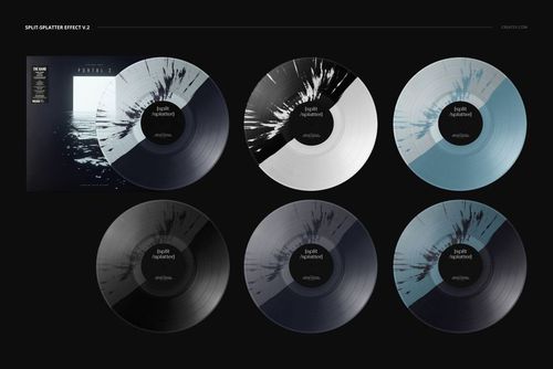 PSD mockup showing six vinyl records with artistic splatter effects and a cover, arranged on a dark background.