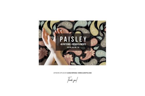Mockup showing hands in the foreground with a colorful paisley design background and text overlay describing design elements.