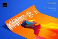 Colorful PSD mockup of a poster with a futuristic portrait, geometric accents, and vivid orange-to-yellow gradient design.