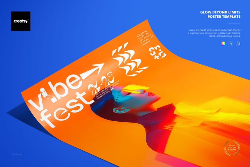 Colorful PSD mockup of a poster with a futuristic portrait, geometric accents, and vivid orange-to-yellow gradient design.