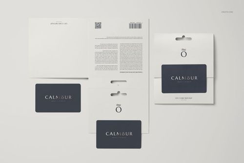 Gift card stationery mockup set featuring several cards and holders in navy blue and white, arranged on a light surface.