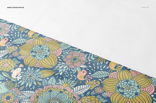 PSD mockup of a crib skirt featuring a vibrant botanical design and birds, displayed from an overhead perspective.