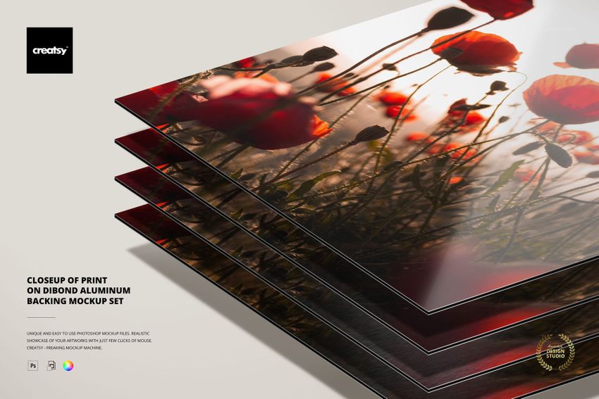 Layered Dibond aluminum print mockup showing glossy surfaces with a detailed red poppy flower pattern in sunlight.
