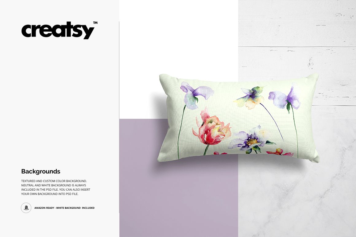 Rectangular pillow mockup featuring soft pastel flowers, shown from a top view on a textured surface.