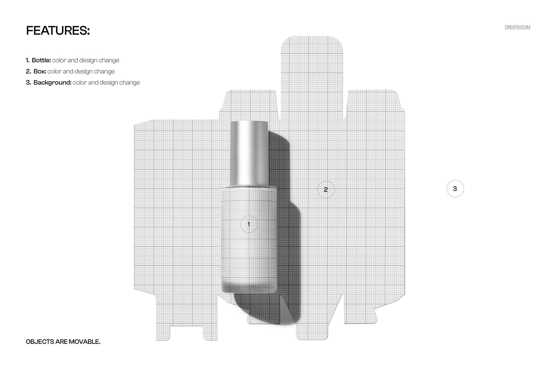 Frosted glass cosmetic pump bottle placed on an unfolded packaging box with grid lines, shown in a top view mockup.