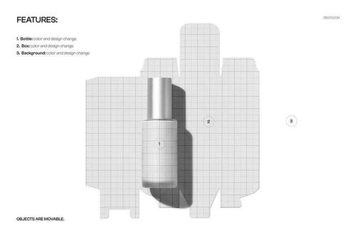Frosted glass cosmetic pump bottle placed on an unfolded packaging box with grid lines, shown in a top view mockup.