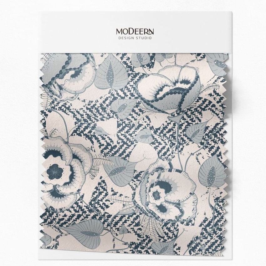Fabric swatch mockup featuring a blue and white floral pattern displayed on a rectangular card with a zigzag edge.