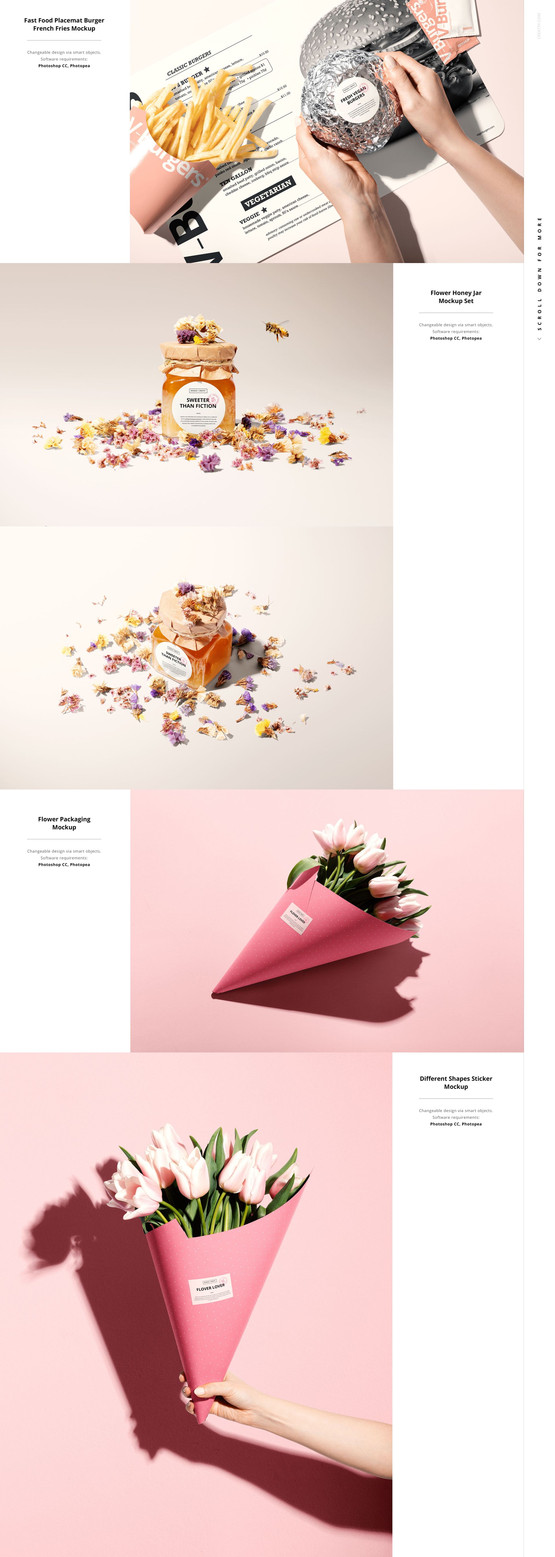 Various sticker mockups displayed on packaging items including a food container, jar, and pink flower bouquet, shown from a top view.