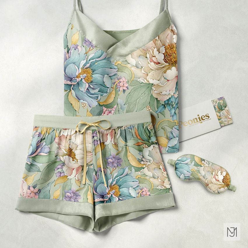 Short silk pajama mockup set with a pastel floral peony pattern, matching shorts, camisole, and sleep mask on a light surface.