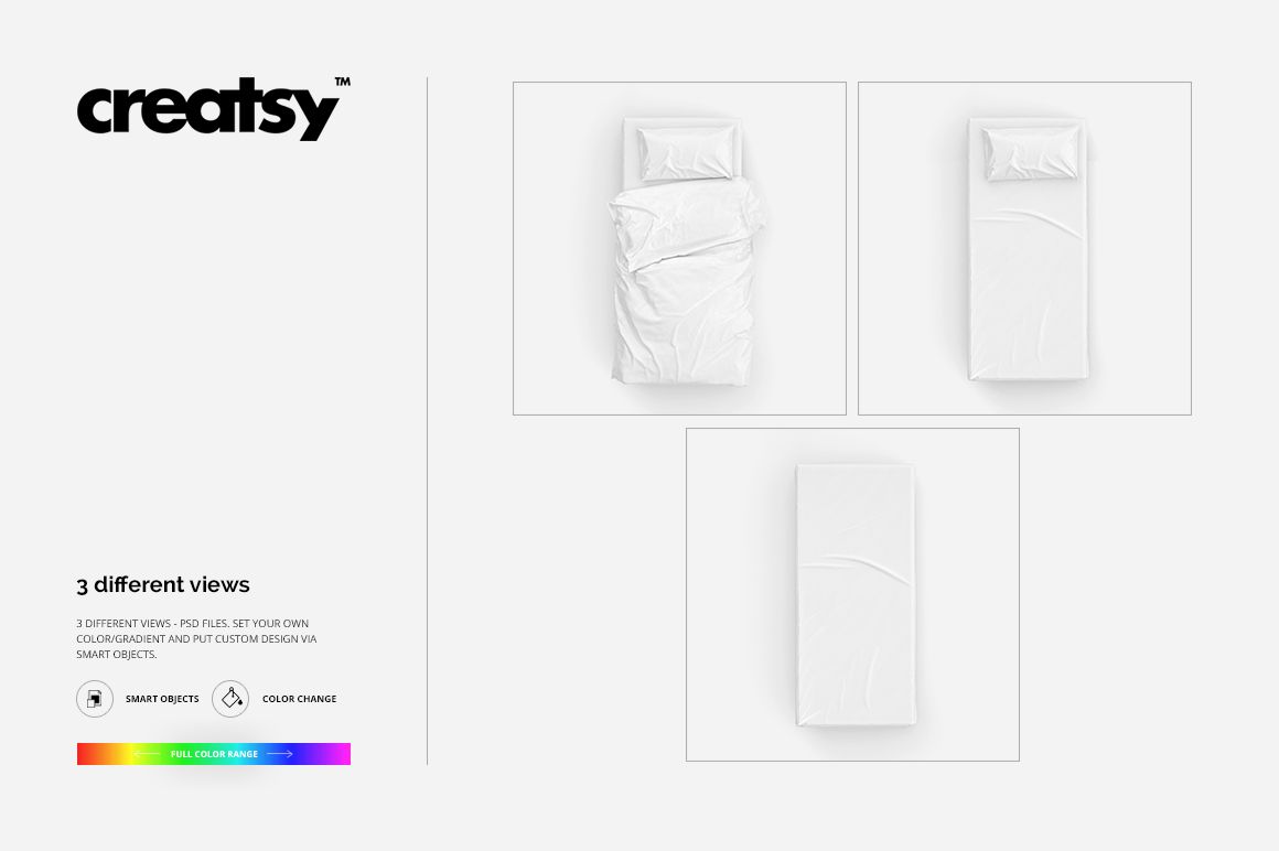 Single bed bedding mockup set showing three white bed arrangements from top and front views on a plain background.
