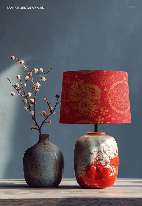 PSD mockup showing a ceramic lamp with a patterned red drum shade and a vase with twigs, set against a gray wall.