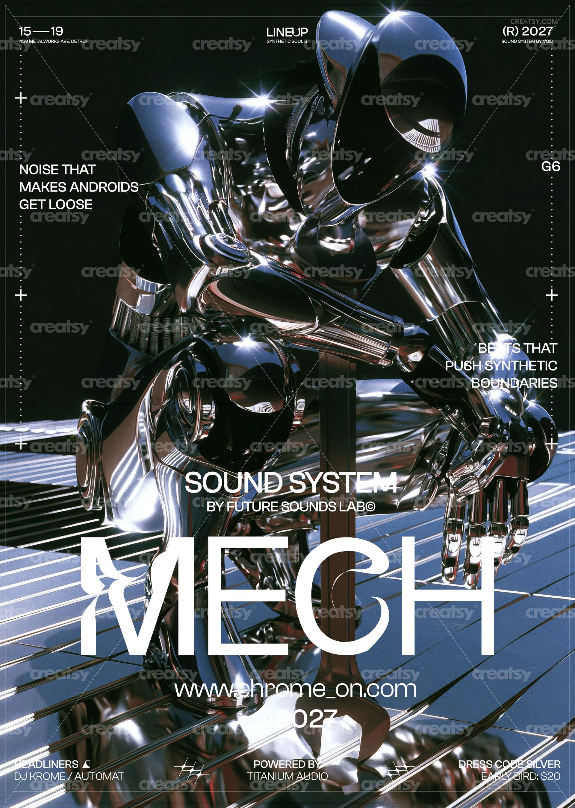 PSD mockup poster with a chrome android figure and mirrored geometric background, viewed from the front perspective.
