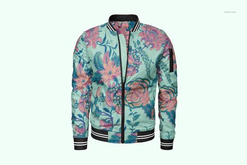 Men's bomber jacket mockup with a front view, featuring a vibrant floral pattern in pink and blue on a light background.