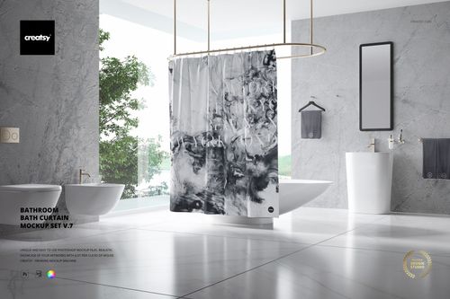 Contemporary bathroom scene showing a bath curtain mockup with monochrome abstract design, bathtub and sink visible.